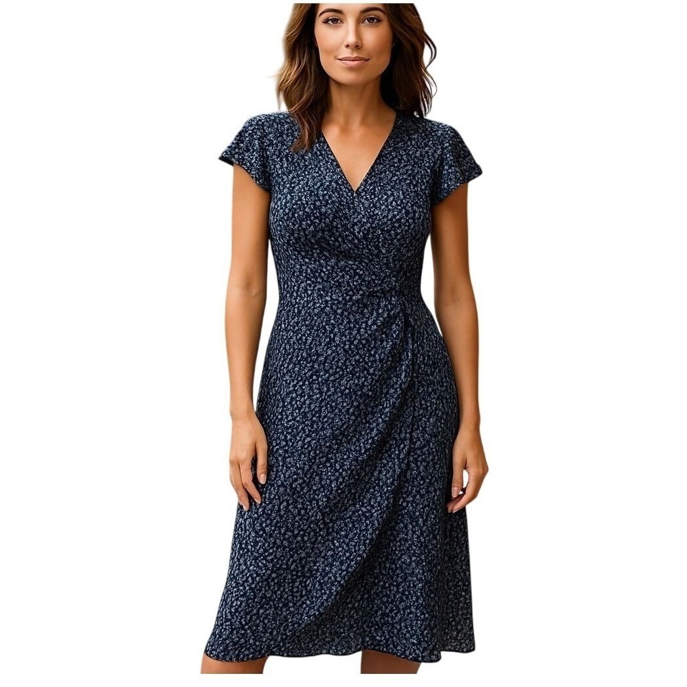 Lauren Ralph Lauren Navy Floral Print Wrap Dress V-Neck Short Sleeve Size 6 Nwot